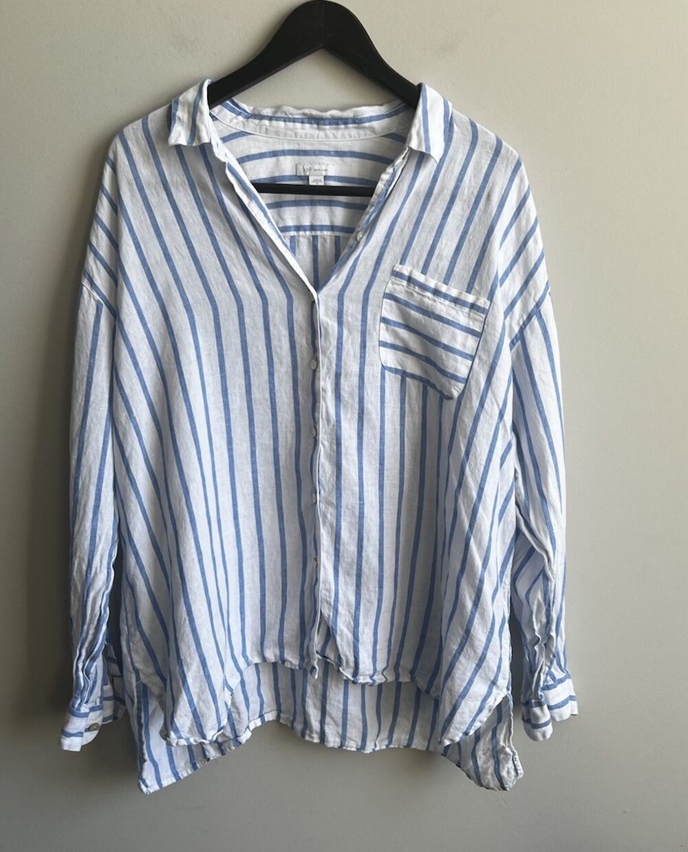 J Jill Love Linen Top Drop Shoulder Shirt XL Blue White Long Sleeve Coastal